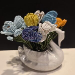 Vintage Handmade French Glass Beaded Flower Bouquet/ White Swan Planter